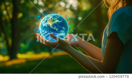 Woman holding a glowing globe 120459778