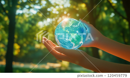 Woman holding a glowing globe 120459779