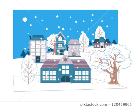 Villages winter season snowy town countryside downtown houses apartment resort nature scene forest snowflakes traditional buildings architecture wallpaper pattern colorful icon set design collection 120459965