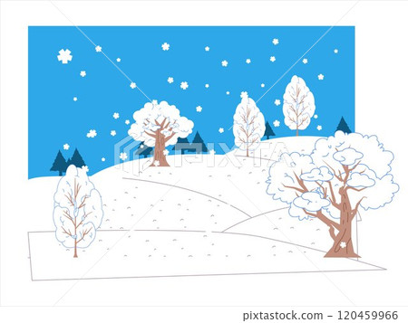 Winter forest scene nature woods pine fir trees snow season snowflakes cold hills fields wintertime seasonal outdoor colorful icon set design collection wallpaper 120459966