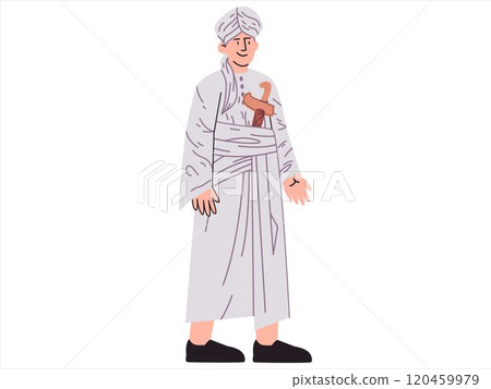 Pangeran Diponegoro Indonesia hero warrior Yogyakarta patriotic person historic Arabic clothes Islam culture clothing robes turban Keris Kris Indonesian weapon icon set design 120459979