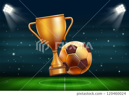 Golden cup and soccer ball on football stadium Golden cup and soccer ball on football stadium 120460024