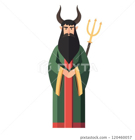 Devil illustration. Dark man with black beard, horns, long green coat and trident isolated on white background. Flat design vector clipart, Saint Nicholas day holiday. Czech, Slovak, Dutch tradition. 120460057