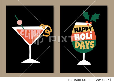 Christmas cocktails. Happy New Year greeting cards, invitations. Alcohol drink glasses, lettering text isolated on black background. Birthday party celebration. Retro hand drawn vector illustrations Christmas cocktails. Happy New Year greeting cards, invitations. Alcohol drink glasses, lettering text isolated on black background. Birthday party celebration. Retro hand drawn vector illustrations 120460061