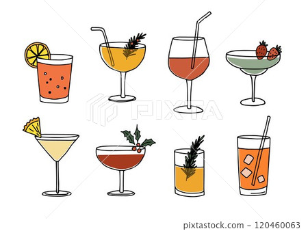 Set of hand drawn doodle alcoholic drinks, cocktails with orange lemon, slices, ice, strawberry and cherries. Happy New Year celebration, birthday party. Isolated vector icons, line illustration Set of hand drawn doodle alcoholic drinks, cocktails with orange lemon, slices, ice, strawberry and cherries. Happy New Year celebration, birthday party. Isolated vector icons, line illustration 120460063