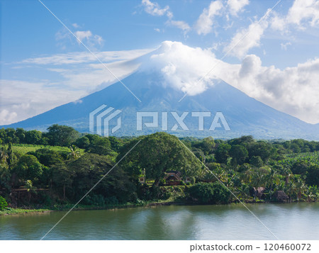 Green lake shore with blue sky and volcano Green lake shore with blue sky and volcano 120460072