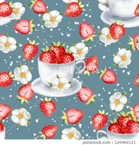 Red strawberries and tea cup seamless pattern. Hand-drawn background illustration in watercolor style for summer cover, wallpaper, backdrop Red strawberries and tea cup seamless pattern. Hand-drawn background illustration in watercolor style for summer cover, wallpaper, backdrop 120460121