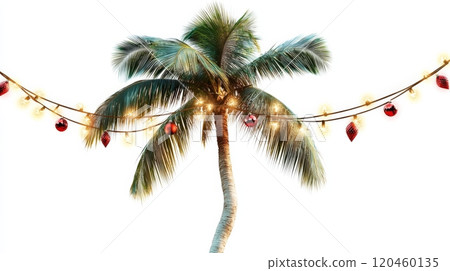 Palm tree decorated with festive lights and ornaments, tropical holiday concept Palm tree decorated with festive lights and ornaments, tropical holiday concept 120460135