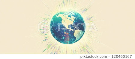 Planet earth with colorful light bursts on beige background, cosmic energy concept 120460167