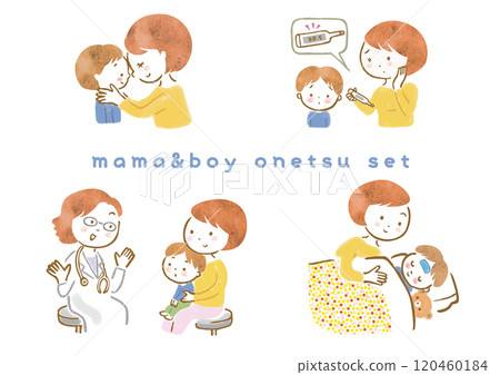 發燒的孩子和母親手繪插圖集 120460184