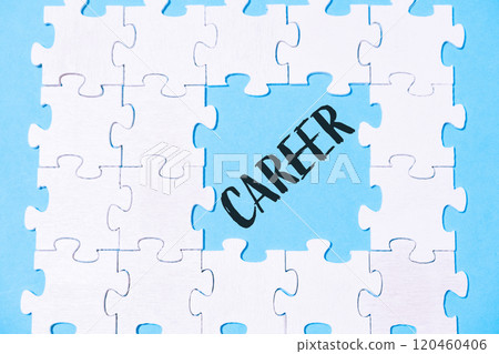 A jigsaw puzzle with the word career written in blue A jigsaw puzzle with the word career written in blue 120460406