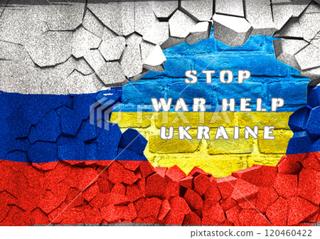 A flag with the words Stop War Help Ukraine written on it 120460422