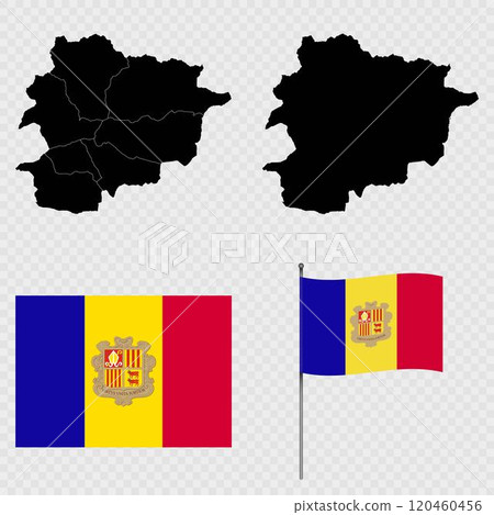 Set of maps, flag and flagpole of Andorra. Vector illustration. 120460456