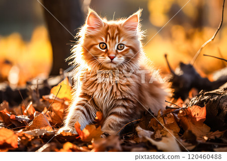 A cat is sitting on a pile of leaves, looking up at the camera. 120460488