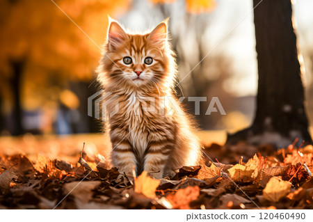 A cat is sitting on a pile of leaves, looking up at the camera. 120460490