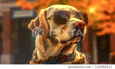 A dog is wearing sunglasses and a scarf 120460521