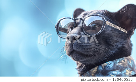 A black cat wearing sunglasses and a floral shirt 120460533