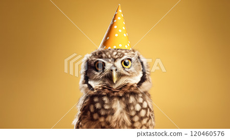 A small owl wearing a gold party hat. A small owl wearing a gold party hat. 120460576