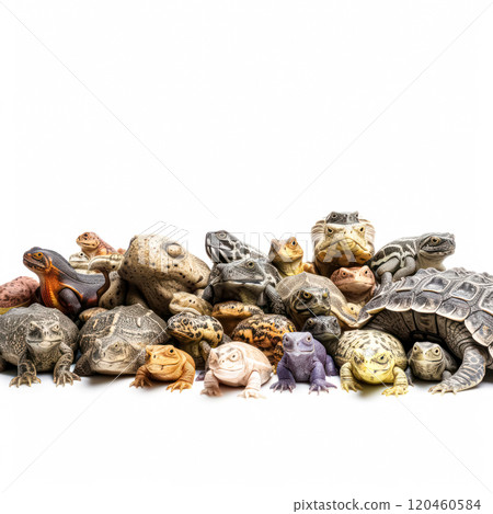 A bunch of different animals, including a turtle, are piled on top of each other 120460584