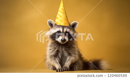 A raccoon is wearing a yellow party hat. 120460589