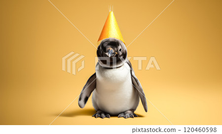 A penguin wearing a yellow hat is standing on a yellow background 120460598