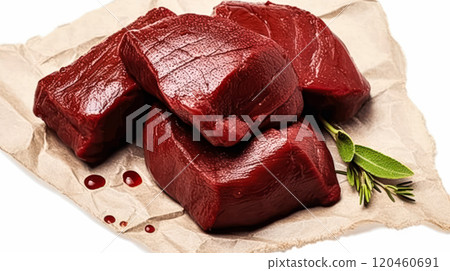 Liver delicacy, Smooth pieces of beef liver on parchment 120460691