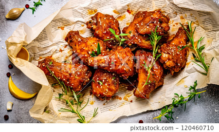Flavorful delight, Succulent chicken wings seasoned to perfection on parchment 120460710