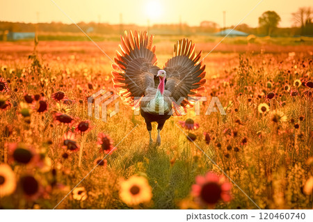 A turkey is standing in a field with a bright orange sky in the background. 120460740