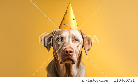 A Labrador wearing a yellow party hat. A Labrador wearing a yellow party hat. 120460751