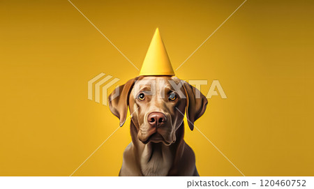 A Labrador wearing a yellow party hat. A Labrador wearing a yellow party hat. 120460752