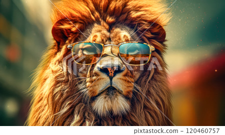 A lion wearing sunglasses is the main focus of the image 120460757