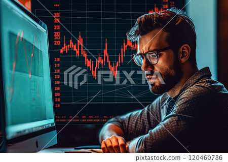A man is looking at a computer screen with multiple graphs and charts. A man is looking at a computer screen with multiple graphs and charts. 120460786