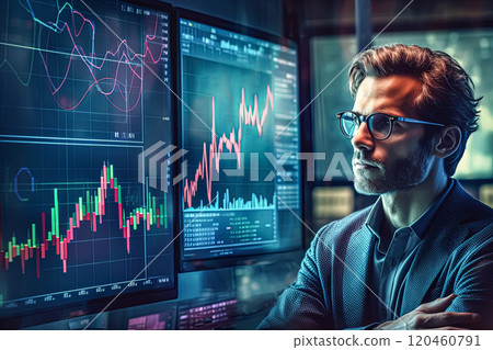 A man is looking at a computer screen with multiple graphs and charts. 120460791