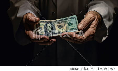 A man is holding a large bill in his hand 120460808