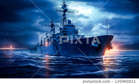 A large ship is in the water with a dark sky in the background. 120460831