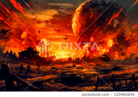 A painting of a war scene with a large explosion in the background 120460840