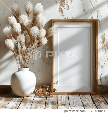 White vase with a bunch of dried flowers sits on a wooden floor 120460841