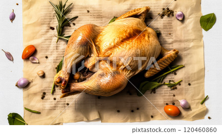 Culinary masterpiece, Baked chicken on parchment with spices and herbs 120460860