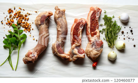 Savory pork, Meat pieces seasoned with spices on parchment 120460877
