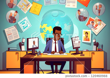 A group of people are sitting at a table with a globe in the background. 120460988