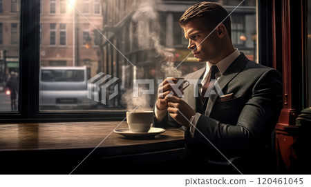 A businessman in a cafe, deep in thought, drinks coffee and looks into the distance. A businessman in a cafe, deep in thought, drinks coffee and looks into the distance. 120461045