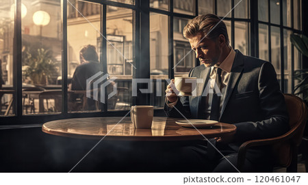 A businessman in a cafe, deep in thought, drinks coffee and looks into the distance. A businessman in a cafe, deep in thought, drinks coffee and looks into the distance. 120461047
