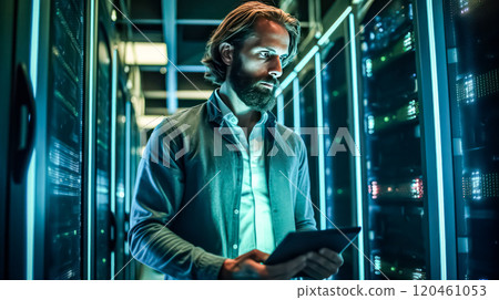 Businessman inspects server cabinets in a data center corridor 120461053
