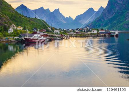 Fjord and mountains landscape. Lofoten islands Norway 120461103