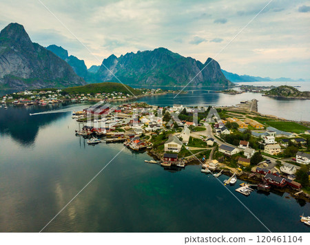 Fjord and mountains landscape. Lofoten islands Norway Fjord and mountains landscape. Lofoten islands Norway 120461104