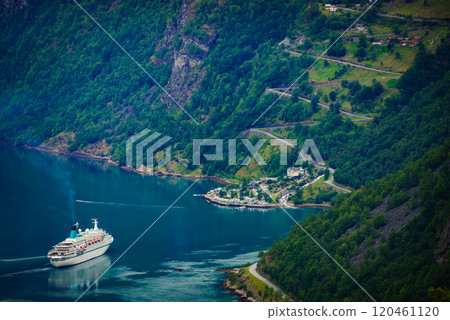 Fjord Geirangerfjord with cruise ship, Norway. Fjord Geirangerfjord with cruise ship, Norway. 120461120