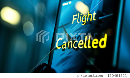 Close-up of smartphone screen displaying Flight Cancelled with blurry airport background 120461221