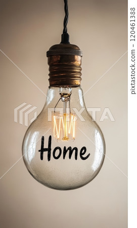 Light bulb with the word home illuminated, cozy atmosphere concept 120461388