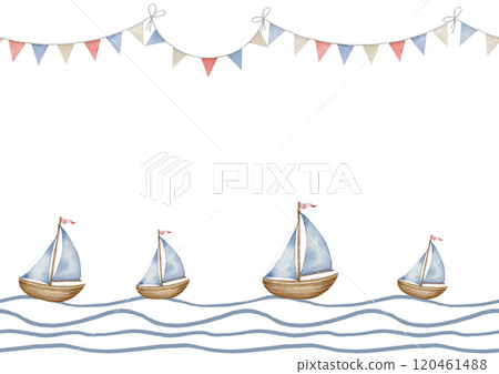 Watercolor Template with ships sailing on waves for childish banner or kids greeting cards. Seamless Border with cute boats in pastel blue and beige colors and garlands for baby shower invitations. Watercolor Template with ships sailing on waves for childish banner or kids greeting cards. Seamless Border with cute boats in pastel blue and beige colors and garlands for baby shower invitations. 120461488