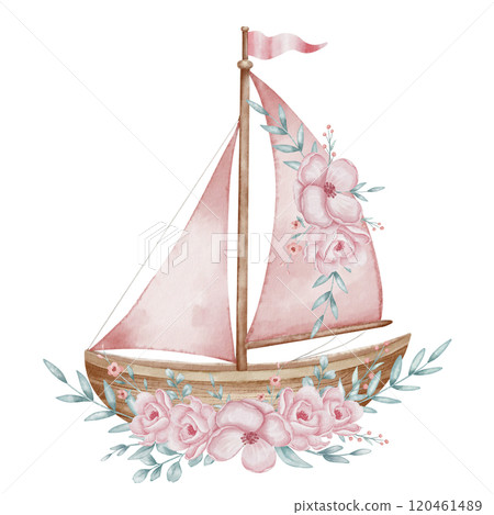 Sailboat with pink flowers watercolor illustration. Floral Drawing of sailing ship in pastel colors for Baby shower design. Sketch of Boat or Yacht with roses for childish design in nautical style. 120461489
